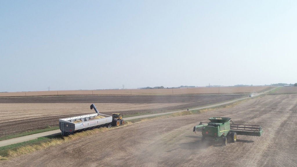 Walkabout Mother Bin in a field positioned where the grain cart can unload and trucks can load thereby keeping the combine running continuously.