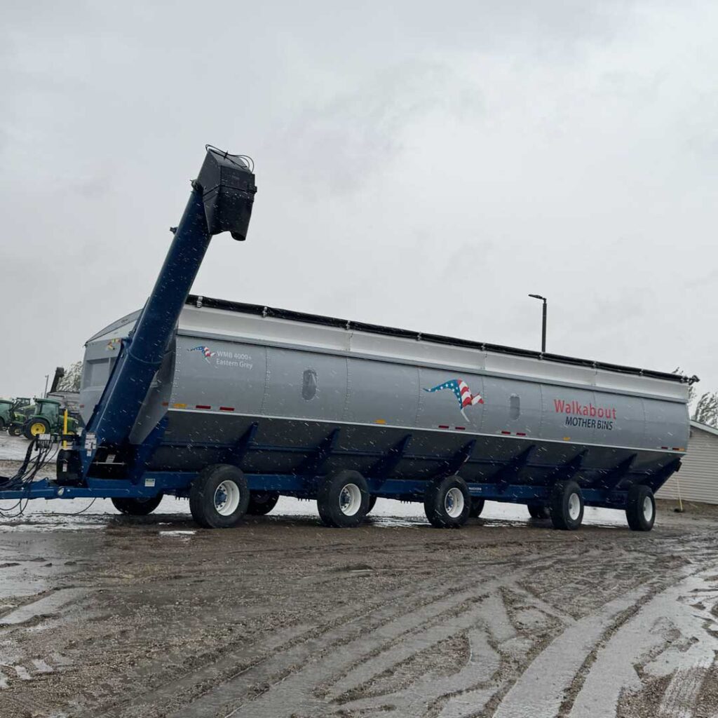 A 4000 bushel capacity Walkabout Mother Bin in wet conditions.